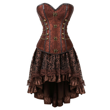 Grebrafan Steampunk Corsets Leather Steel Boned Bustier with Fluffy Pleated Layered Tutu Skirt