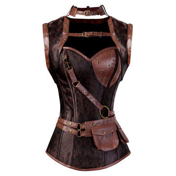 Steampunk Corset Skirt Brocade Bustiers Masquerade Party Dresses with Jacket and Belt Pirate Carnival Party Steel Boned Costumes