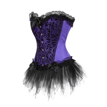 Corset Bustier with Mini Tutu Skirt Gothic Slimming Plus Size Lace Overlay Korsage Dress Carnival for Women Party Club Night